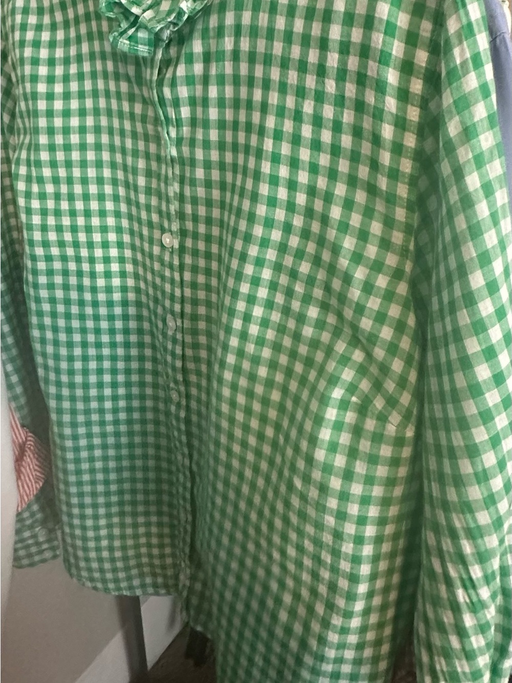 Upcycled crown & ivy Green and White Gingham Button-Down Shirt ruffled collar